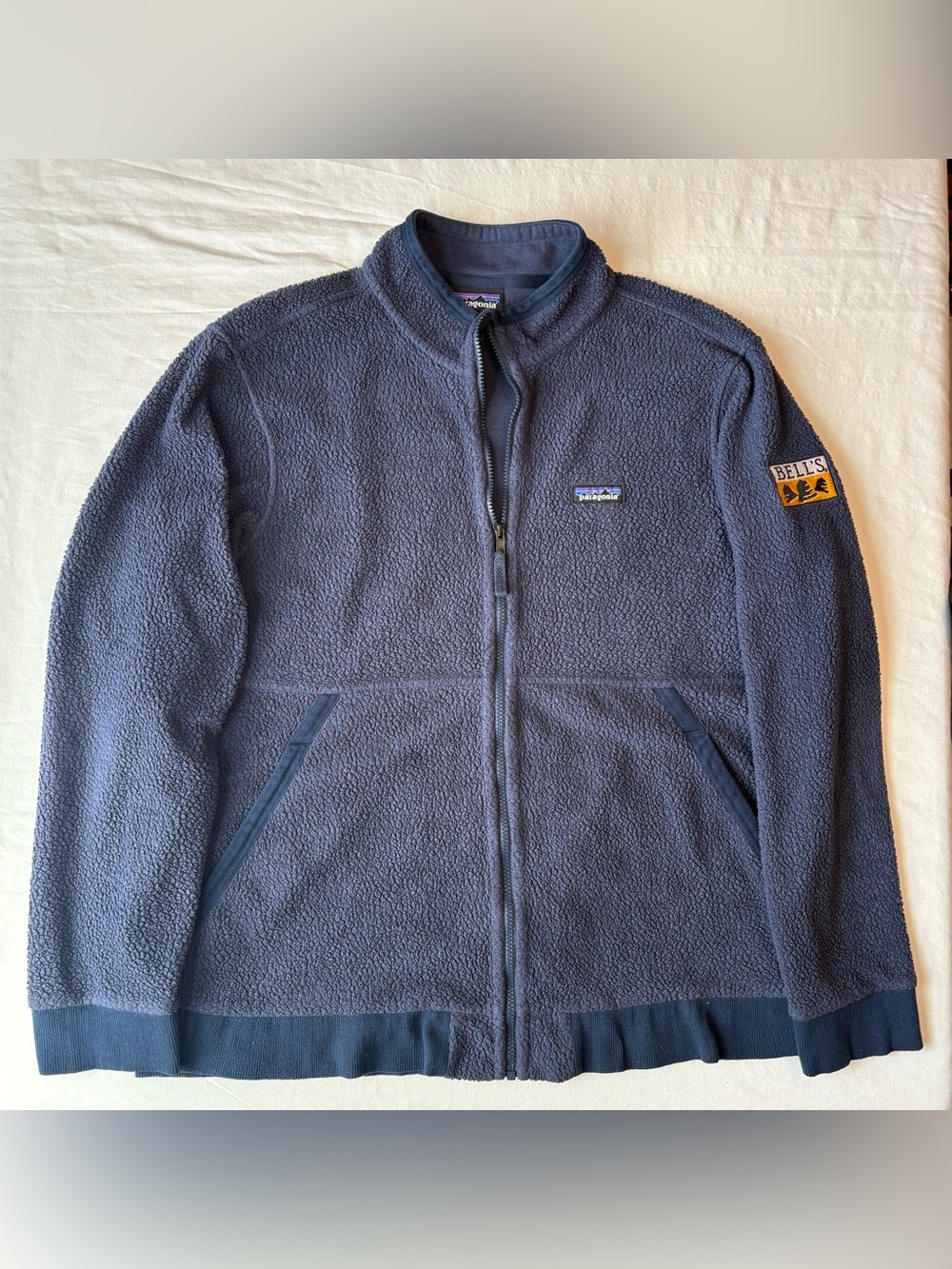 Patagonia Retro Pile Fleece Jacket- Navy Blue- Custom Sleeve Patch Bells Brewery